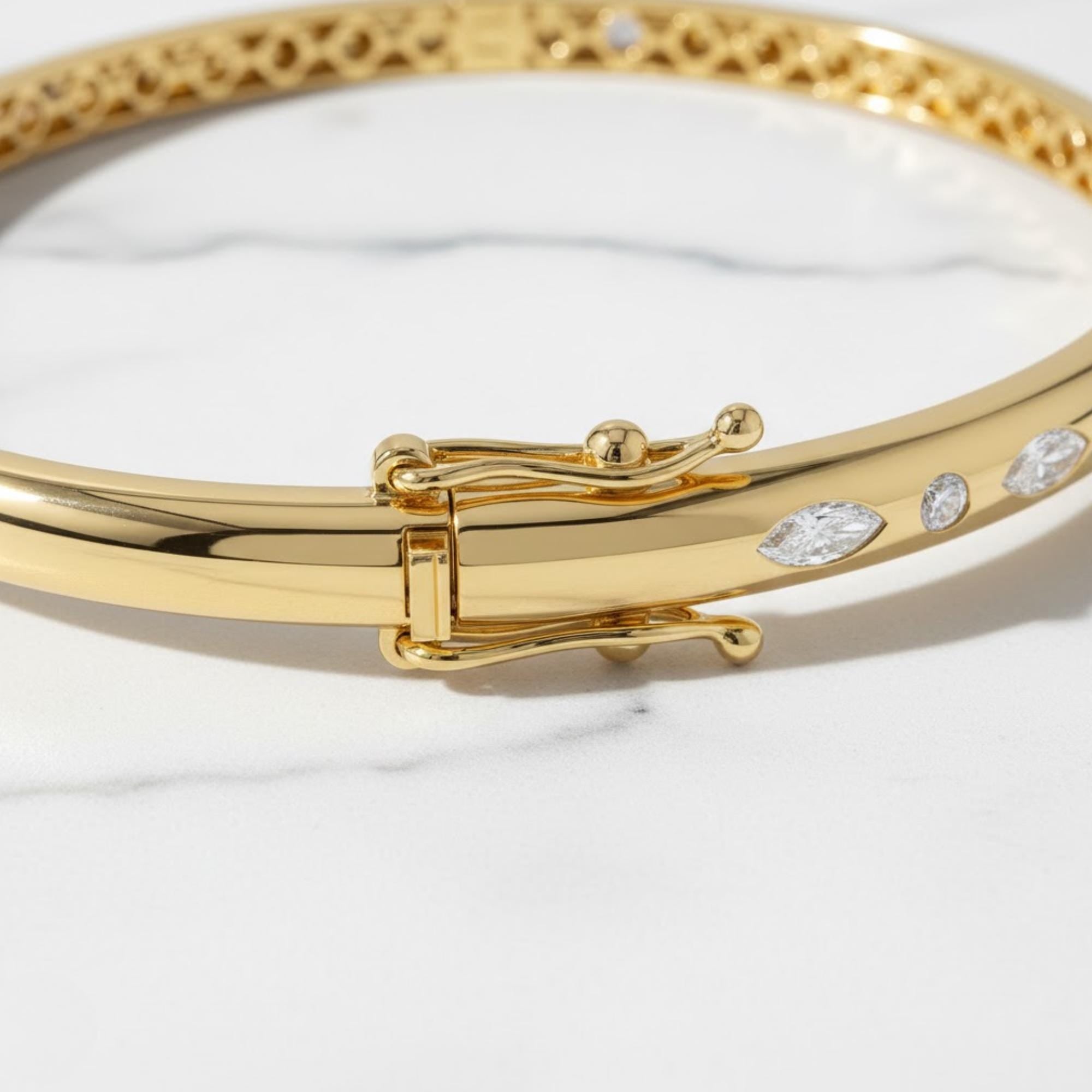 Yellow Gold Plated Bracelet, Marquise Shaped and Round Moissanite Diamond Bangle Bracelet, 0.65ct D/VVS1 Moissanite Diamond, Birthday Gift
