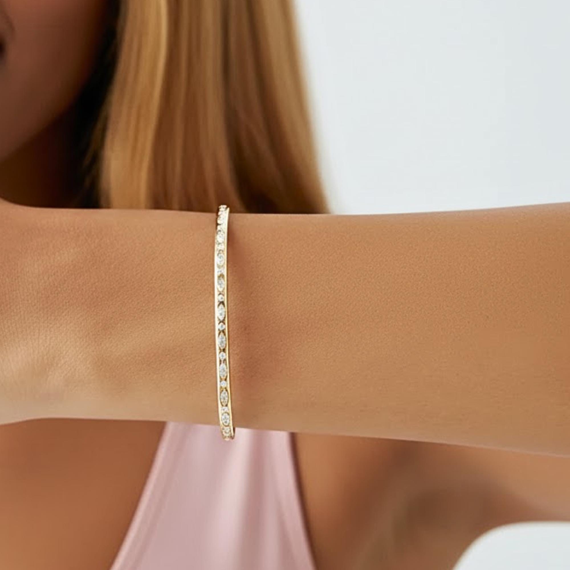 14K Yellow Gold Bracelet, Marquise Shaped and Round Moissanite Diamond Bangle Bracelet, 0.65ct D/VVS1 Moissanite Diamond, Birthday Gift