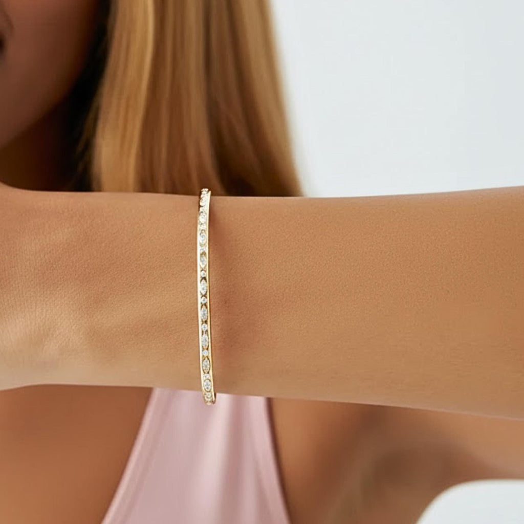 Yellow Gold Plated Bracelet, Marquise Shaped and Round Moissanite Diamond Bangle Bracelet, 0.65ct D/VVS1 Moissanite Diamond, Birthday Gift