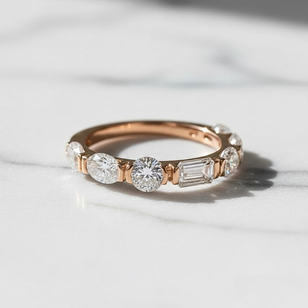 Gold Eternity Band with Mixed Cut Diamonds – Pear, Round, and Emerald Shapes – Unique Stacking Ring, Anniversary or Wedding Band For Her