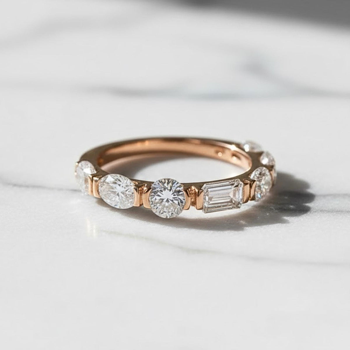 Gold Eternity Band with Mixed Cut Diamonds – Pear, Round, and Emerald Shapes – Unique Stacking Ring, Anniversary or Wedding Band For Her