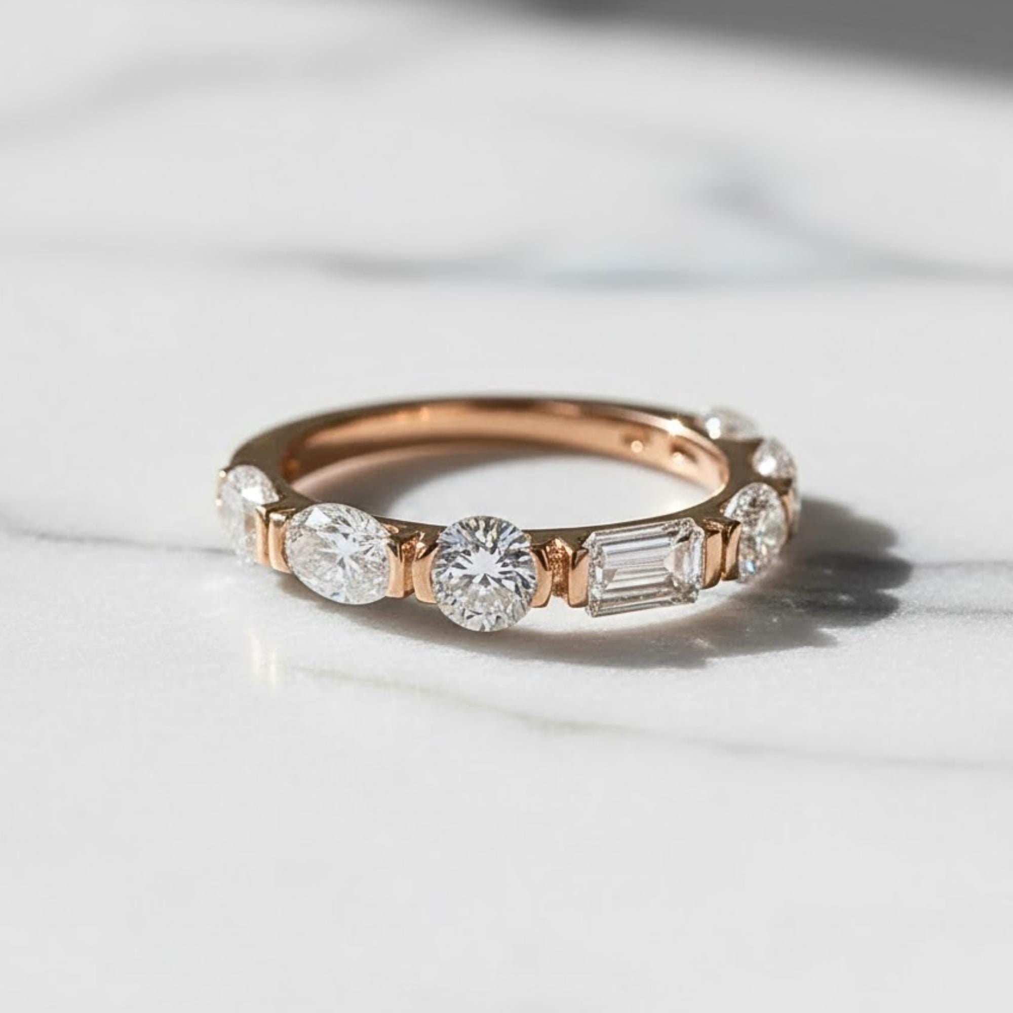 Gold Eternity Band with Mixed Cut Diamonds – Pear, Round, and Emerald Shapes – Unique Stacking Ring, Anniversary or Wedding Band For Her