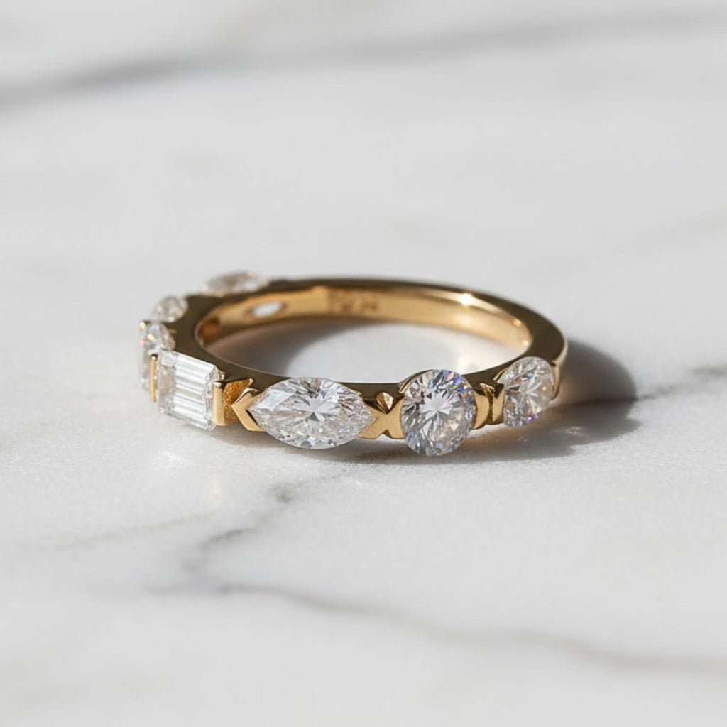 Gold Eternity Band with Mixed Cut Diamonds – Pear, Round, and Emerald Shapes – Unique Stacking Ring, Anniversary or Wedding Band For Her