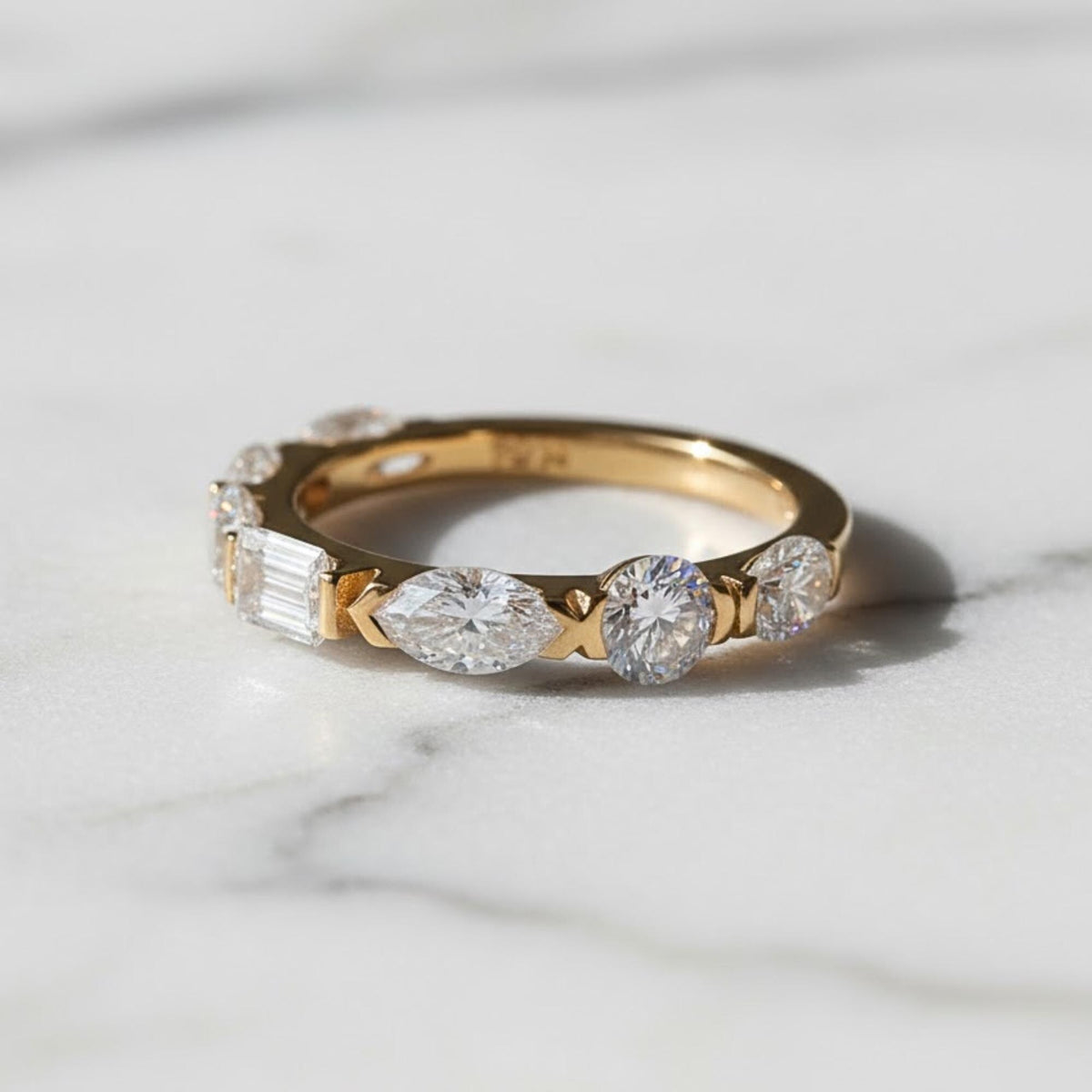 Gold Eternity Band with Mixed Cut Diamonds – Pear, Round, and Emerald Shapes – Unique Stacking Ring, Anniversary or Wedding Band For Her