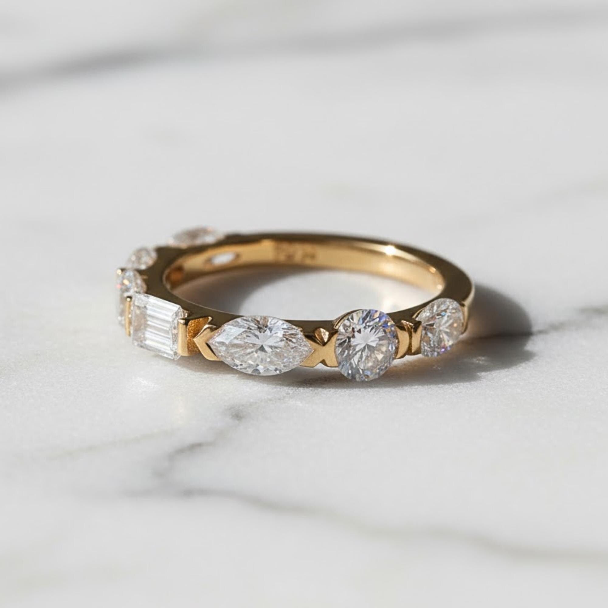 Gold Eternity Band with Mixed Cut Diamonds – Pear, Round, and Emerald Shapes – Unique Stacking Ring, Anniversary or Wedding Band For Her