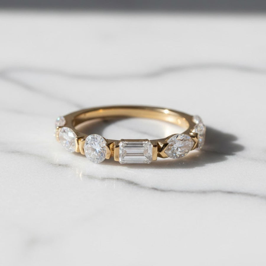 Gold Eternity Band with Mixed Cut Diamonds – Pear, Round, and Emerald Shapes – Unique Stacking Ring, Anniversary or Wedding Band For Her