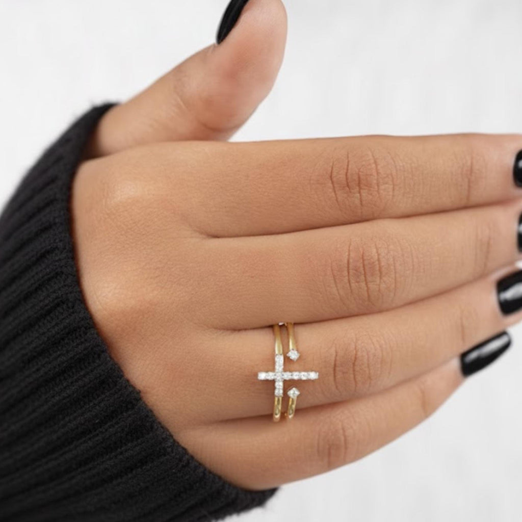 Double Band Criss Cross Ring  Moissanite Diamond 14K Solid Gold or Silve