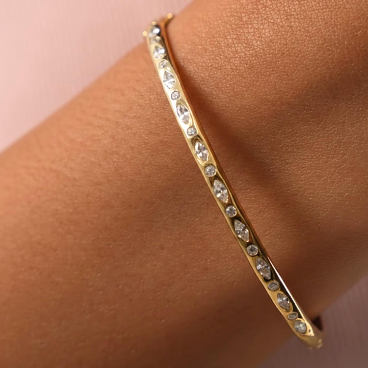 14K Yellow Gold Bracelet, Marquise Shaped and Round Moissanite Diamond Bangle Bracelet, 0.65ct D/VVS1 Moissanite Diamond, Birthday Gift