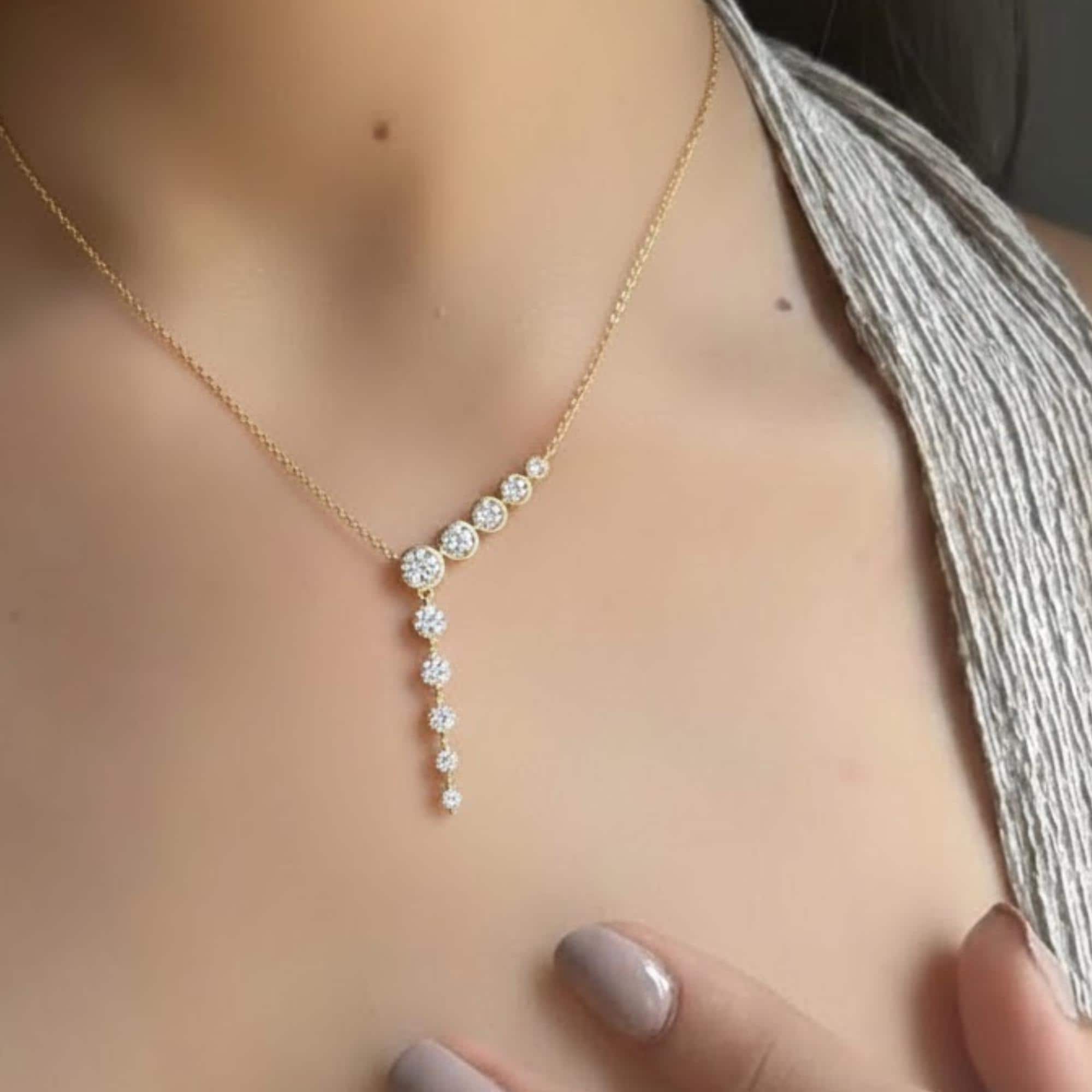 14k Gold Y Shape Drop Necklace | Dainty Teardrop Moissanite Lariat Necklace | Handmade Gift for Her | Elegant Bridal Jewelry for Women