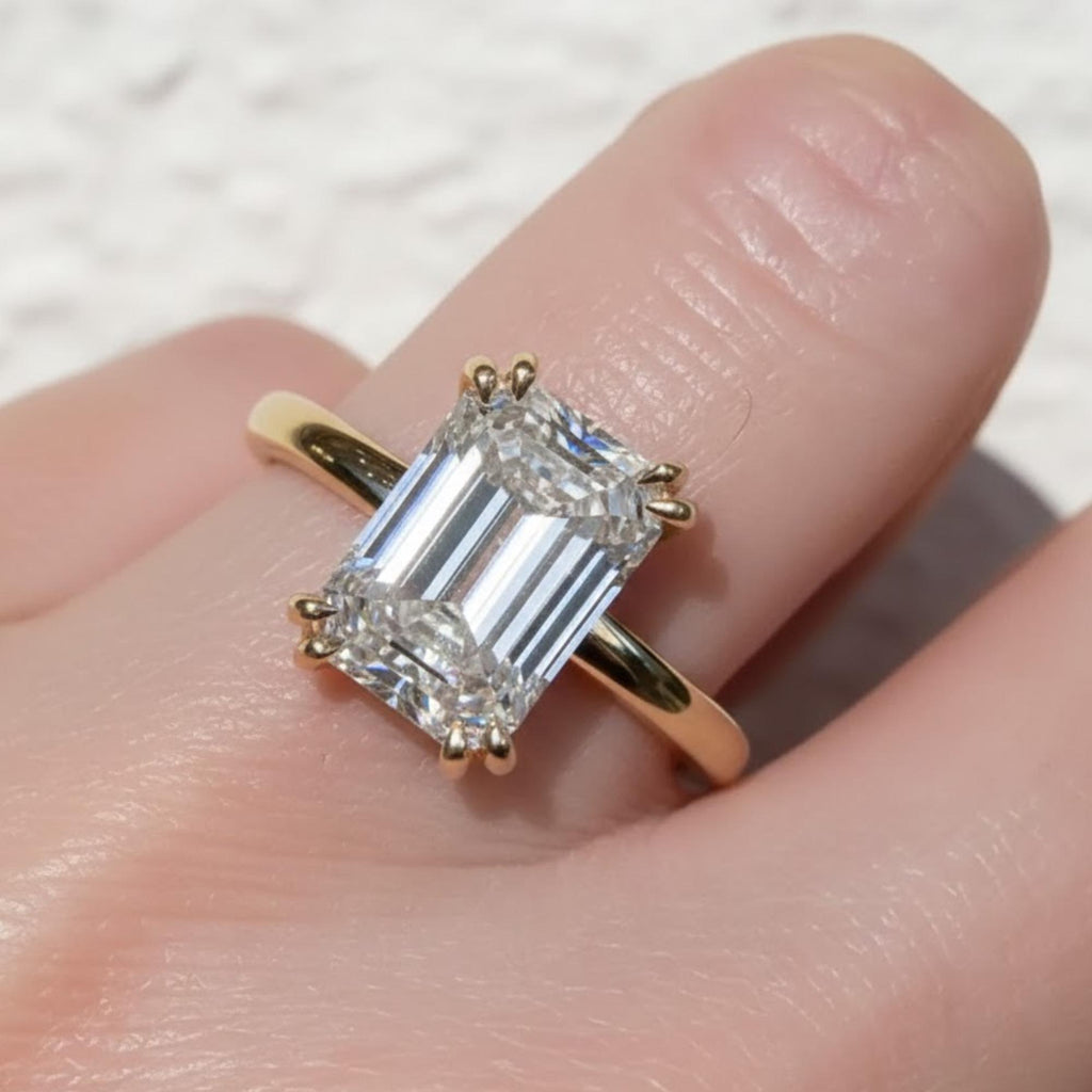 2.5 Carat Emerald Cut Engagement Ring, Emerald Cut Hidden Halo Engagement Ring, Moissanite Engagement Rings, Diamond Wedding Ring For Women