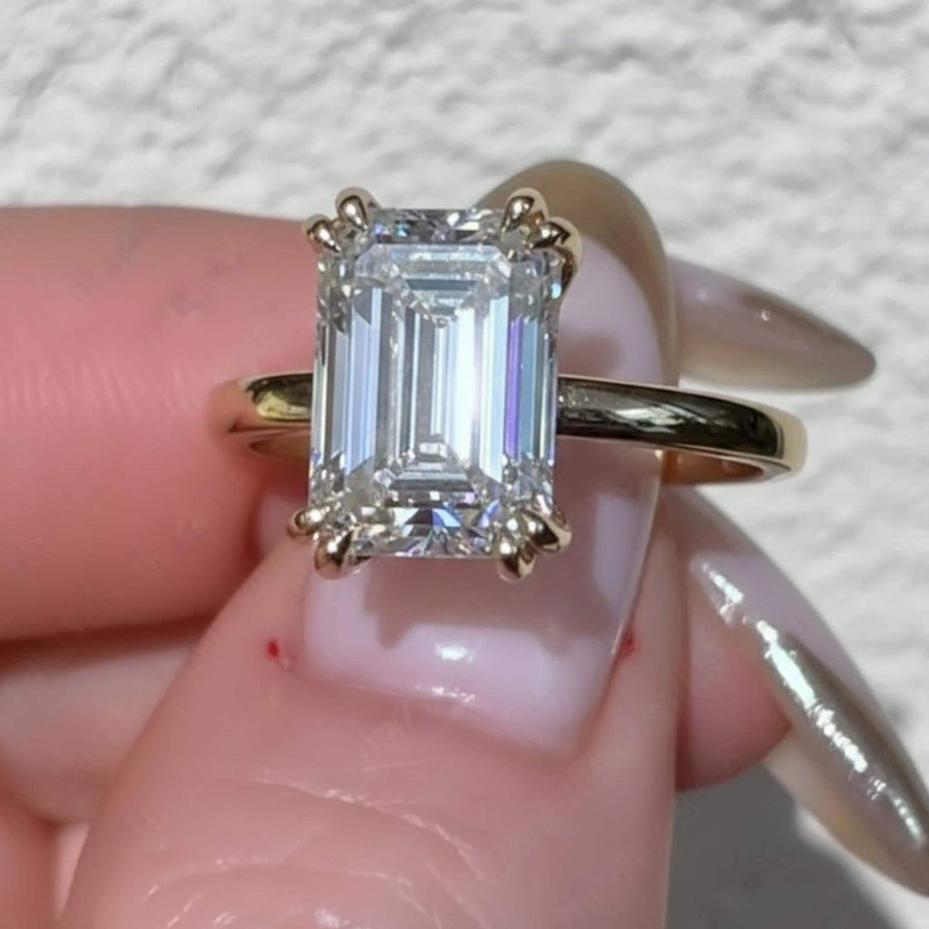 2.5 Carat Emerald Cut Engagement Ring, Emerald Cut Hidden Halo Engagement Ring, Moissanite Engagement Rings, Diamond Wedding Ring For Women