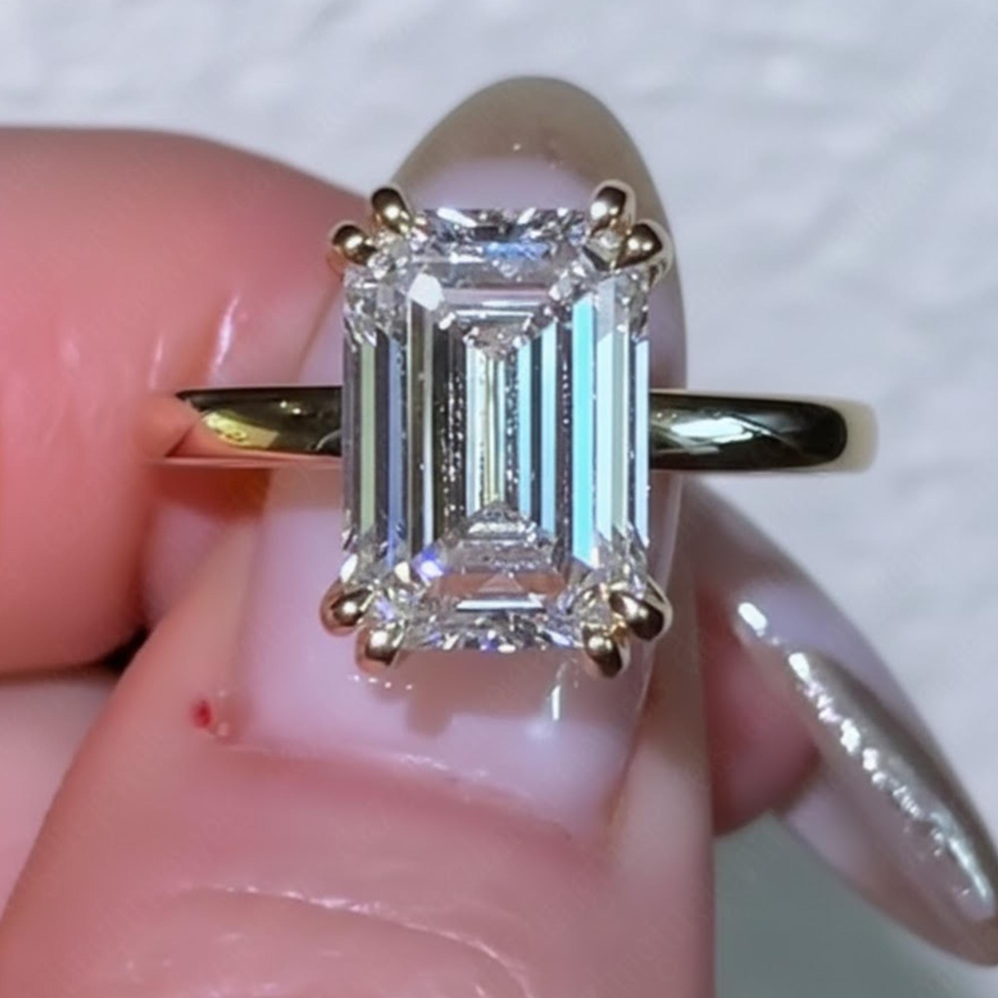 2.5 Carat Emerald Cut Engagement Ring, Emerald Cut Hidden Halo Engagement Ring, Moissanite Engagement Rings, Diamond Wedding Ring For Women