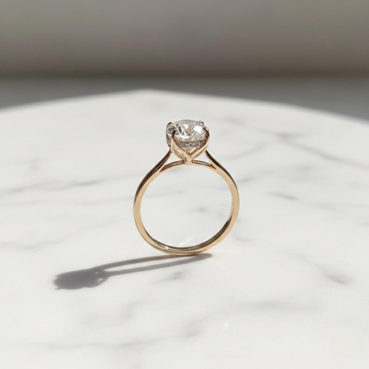 Vintage Tulip Setting Hidden Halo Oval Moissanite Engagement Ring with Cathedral Set in 14k Yellow Gold Plain Band, Solitaire Diamond Ring