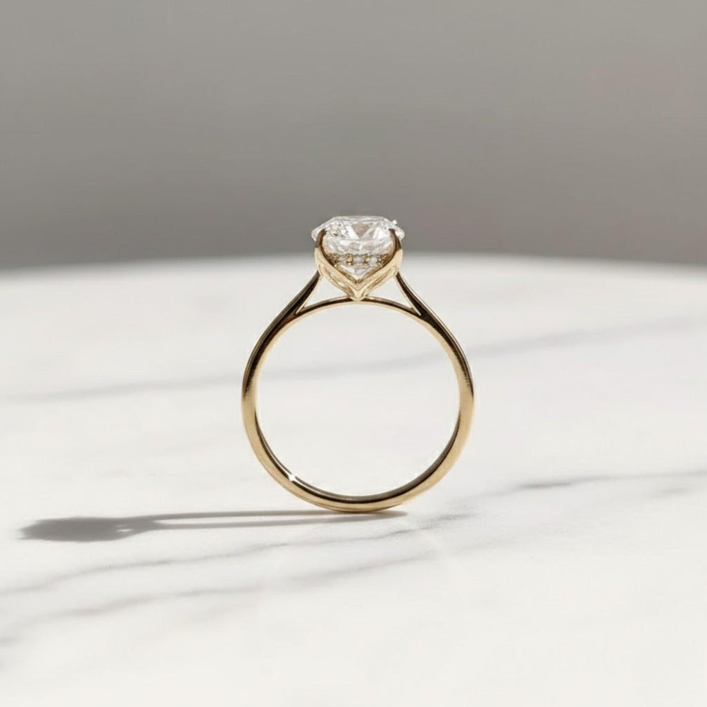Vintage Tulip Setting Hidden Halo Oval Moissanite Engagement Ring with Cathedral Set in 14k Yellow Gold Plain Band, Solitaire Diamond Ring