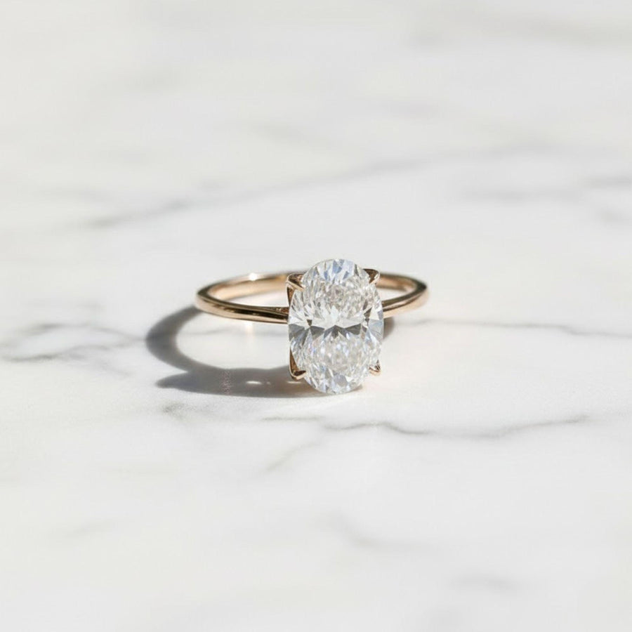 Vintage Tulip Setting Hidden Halo Oval Moissanite Engagement Ring with Cathedral Set in 14k Yellow Gold Plain Band, Solitaire Diamond Ring