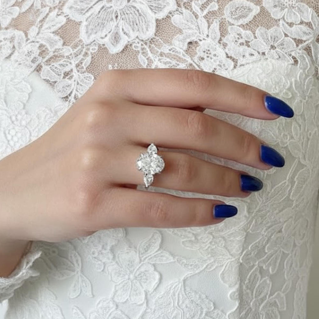 4ct Oval Cut Moissanite Ring, Petite Three Stone Engagement Ring, 14K Solid Gold Dainty Minimalist Jewelry, Pear Side Stone Promise Ring