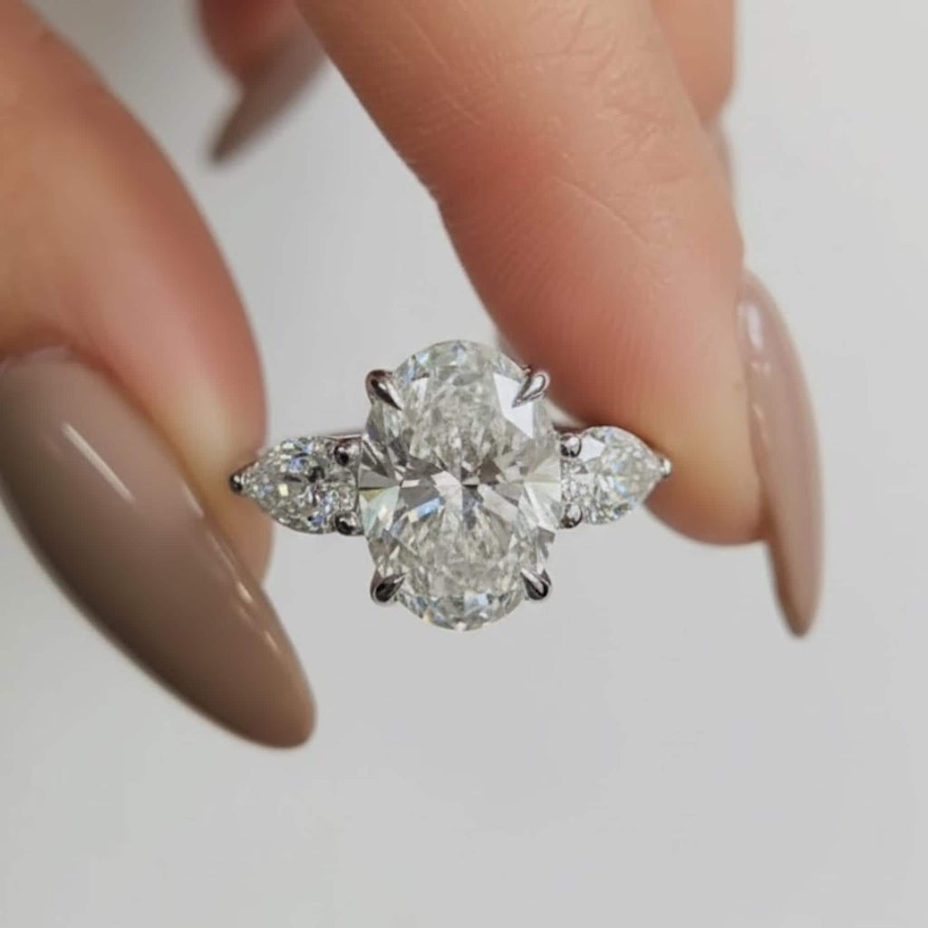 4ct Oval Cut Moissanite Ring, Petite Three Stone Engagement Ring, 14K Solid Gold Dainty Minimalist Jewelry, Pear Side Stone Promise Ring
