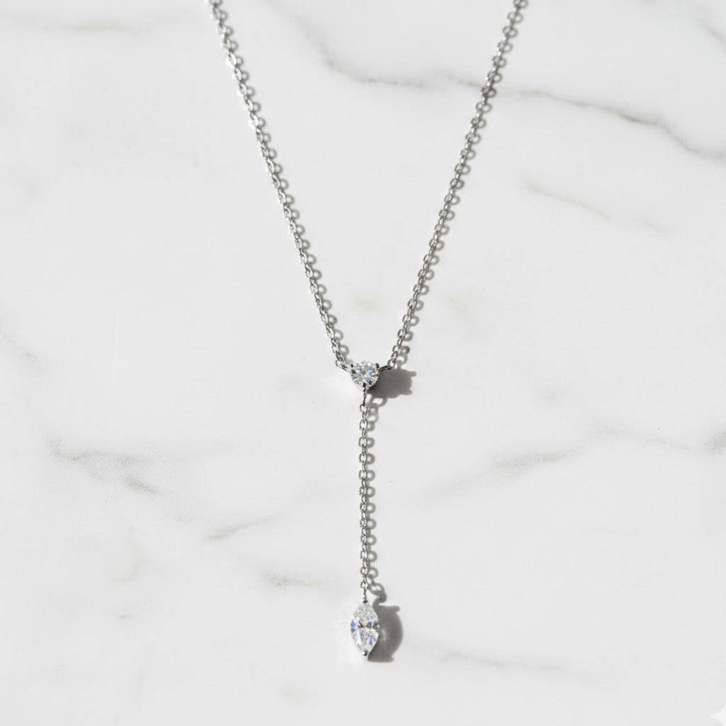 Marquise Moissanite Y Necklace in Sterling Silver | Dainty Lariat Drop Necklace for Women | Minimal Silver Drop Necklace | Gift for Her
