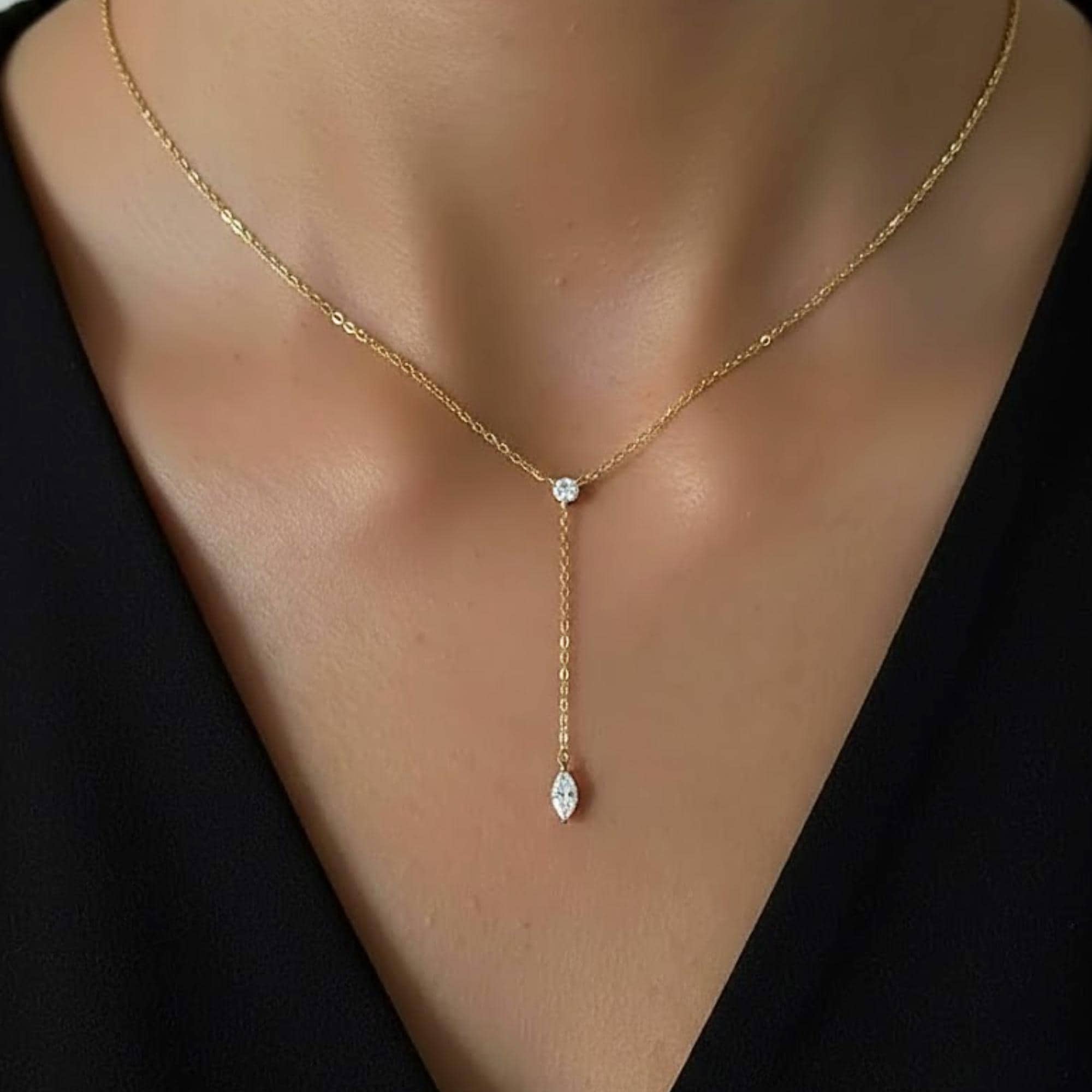 Marquise Moissanite Y Necklace in Sterling Silver | Dainty Lariat Drop Necklace for Women | Minimal Silver Drop Necklace | Gift for Her