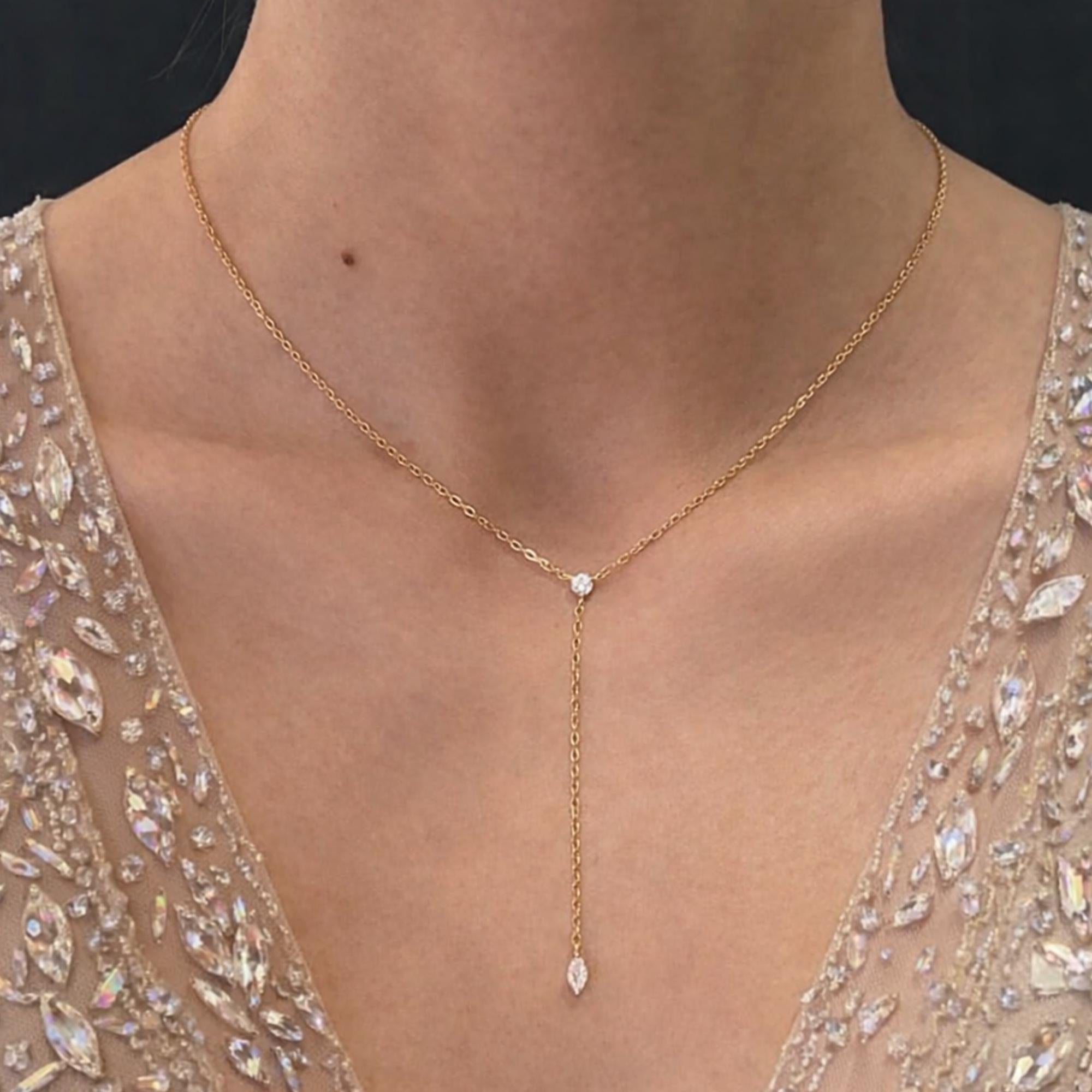 Marquise Moissanite Y Necklace in Sterling Silver | Dainty Lariat Drop Necklace for Women | Minimal Silver Drop Necklace | Gift for Her
