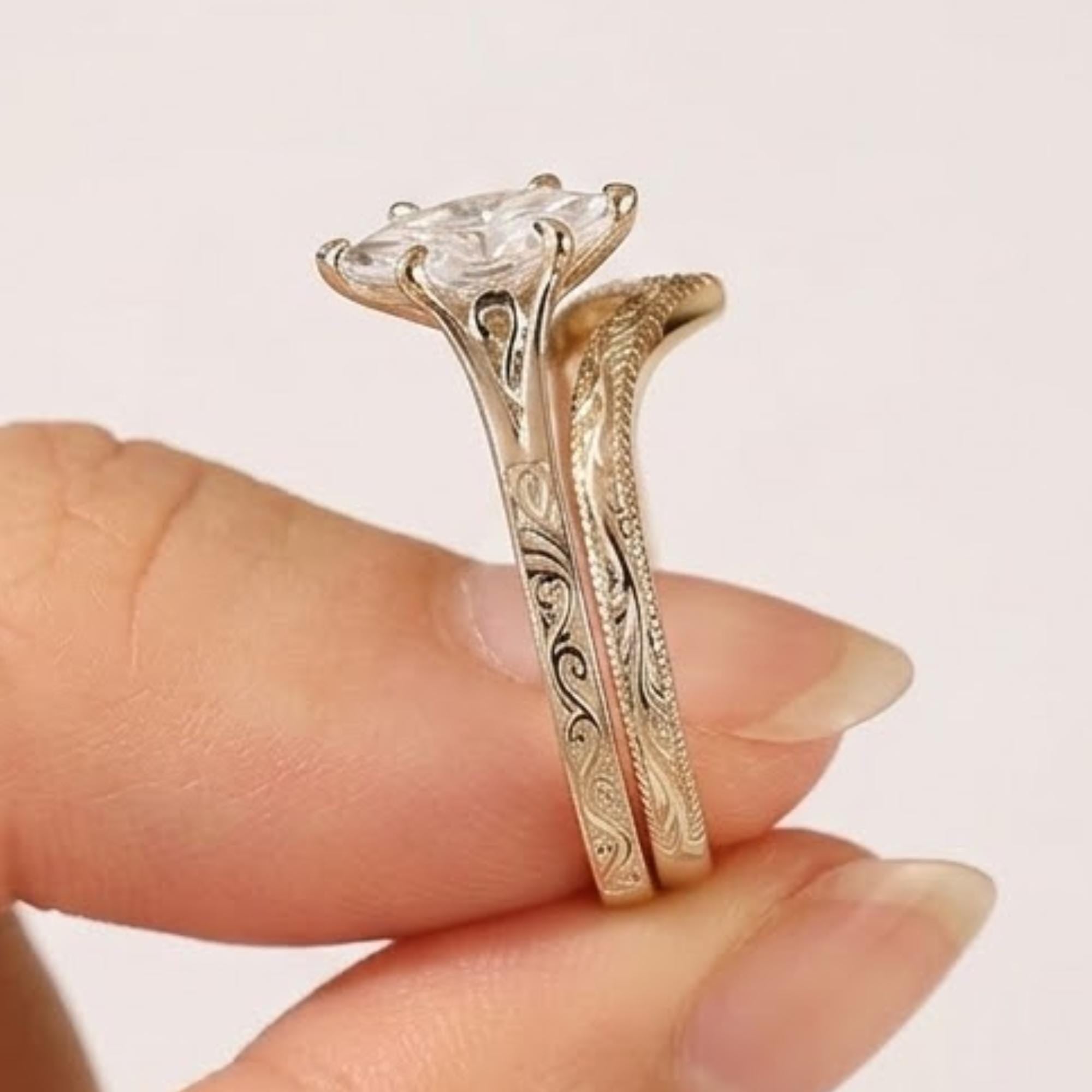 Unique Flat Wings Marquise Cut 1CT Moissanite Engagement Ring Set, Anniversary Promise Ring Set, Antique Engraved Band Bridal Ring Set