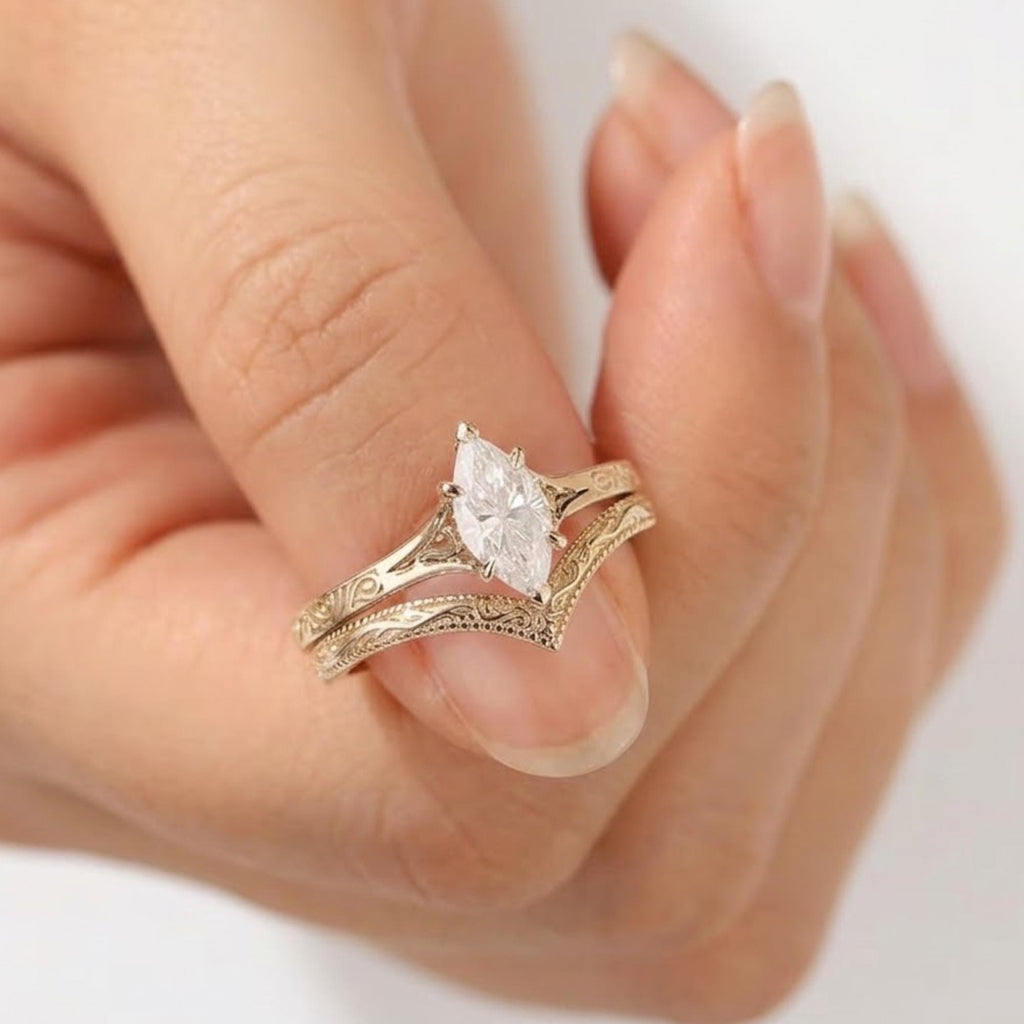 Unique Flat Wings Marquise Cut 1CT Moissanite Engagement Ring Set, Anniversary Promise Ring Set, Antique Engraved Band Bridal Ring Set