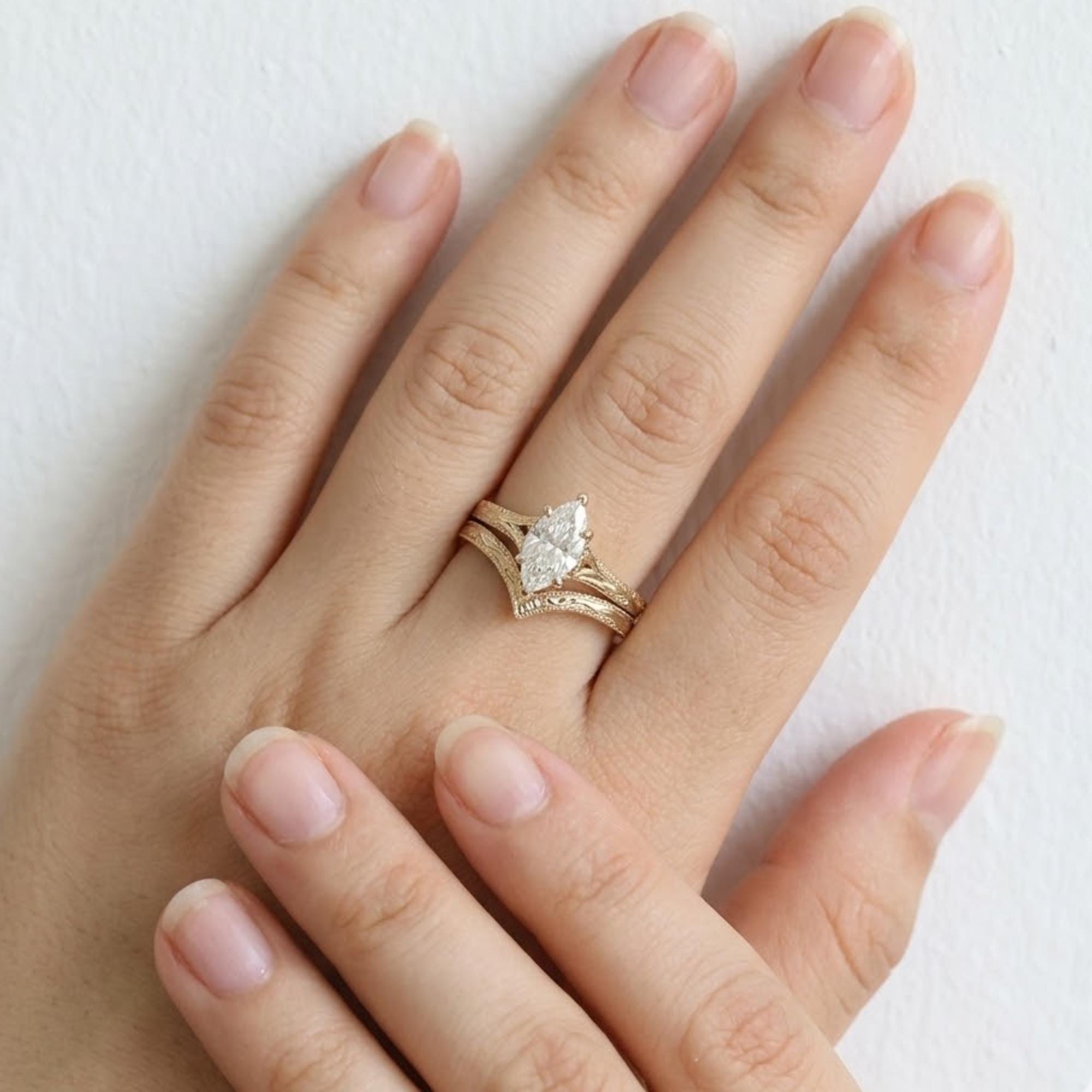 Unique Flat Wings Marquise Cut 1CT Moissanite Engagement Ring Set, Anniversary Promise Ring Set, Antique Engraved Band Bridal Ring Set