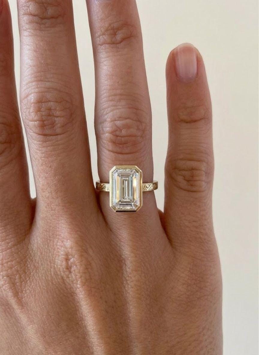 4 Carat Emerald Cut Moissanite Diamond Engagement Ring | 14K Gold Bezel | Bridal Ring | Vintage Ring