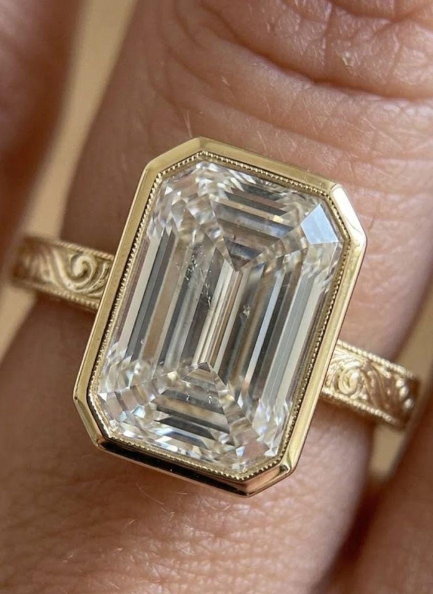 4 Carat Emerald Cut Moissanite Diamond Engagement Ring | 14K Gold Bezel | Bridal Ring | Vintage Ring