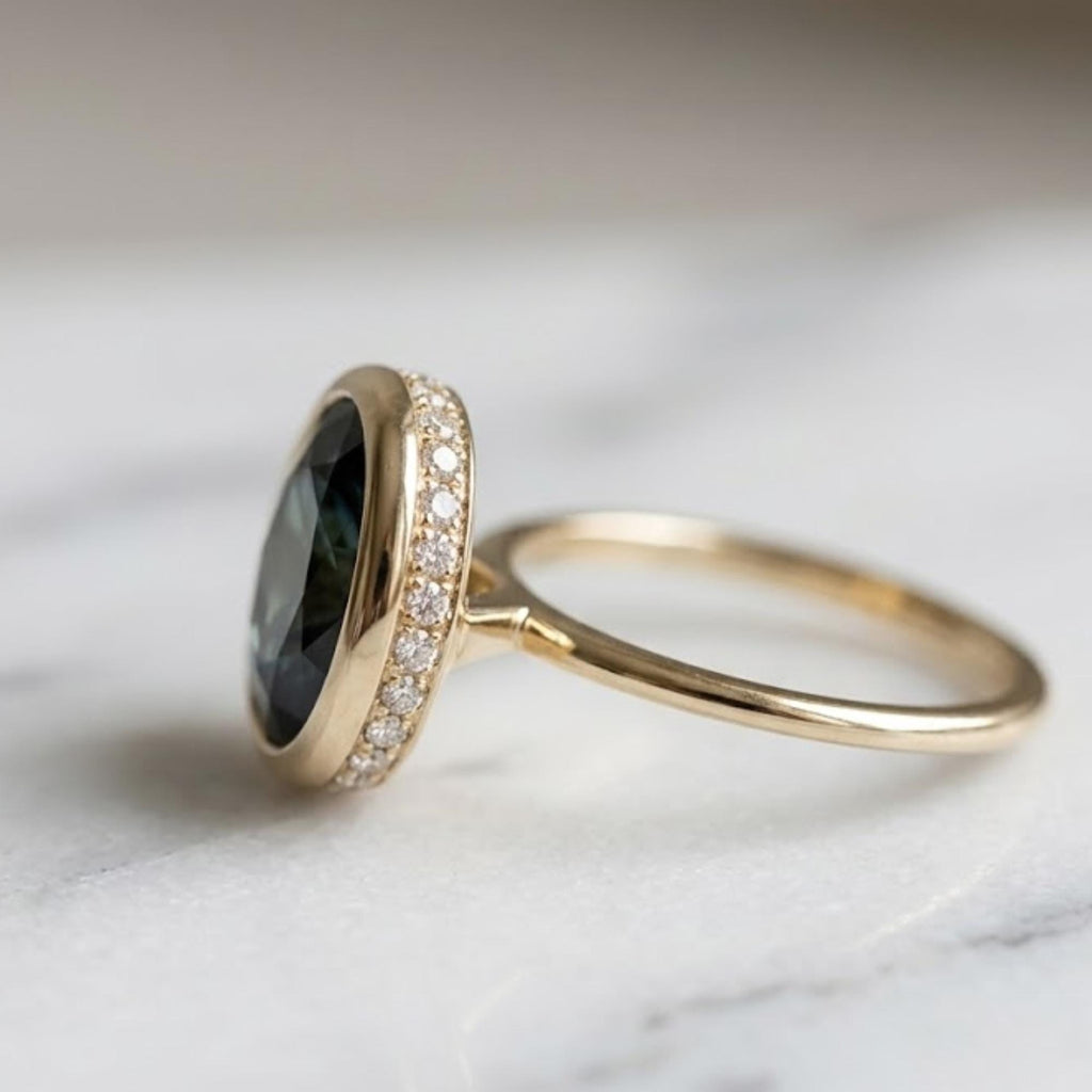 Solid Gold Round Cut Moissanite Engagement Ring, Hidden Halo, Art Deco Ring