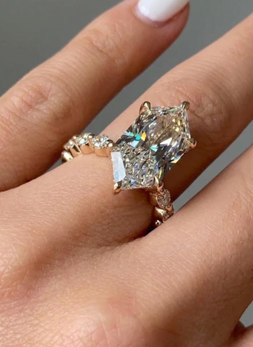 5ct Dutch Marquise Engagement Ring, Lab Grown Diamond or Moissanite, 14k Solid Gold Ring, Round Marquise Bubble Band, Hidden Halo Gold Ring