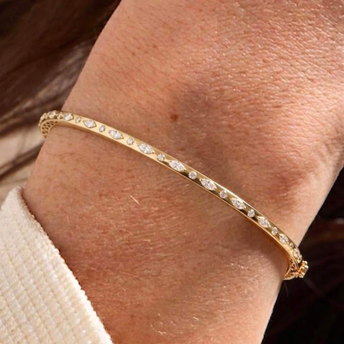 Yellow Gold Plated Bracelet, Marquise Shaped and Round Moissanite Diamond Bangle Bracelet, 0.65ct D/VVS1 Moissanite Diamond, Birthday Gift