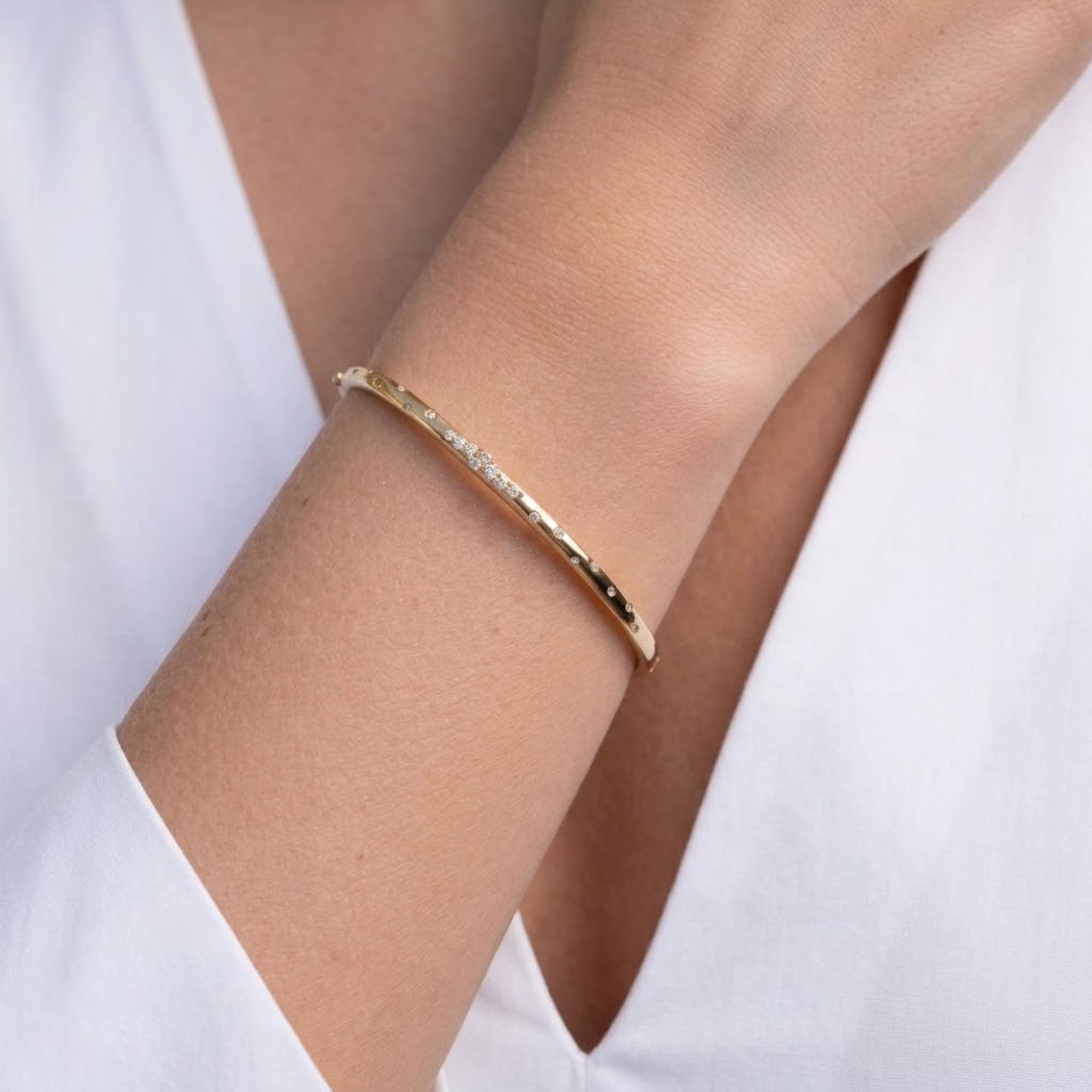 14K Gold Diamond Stacking Bracelet, Round Shape Diamond Bracelet, 14K Diamond and Gold Bangle Bracelet, Round Diamond Bracelet Bangle