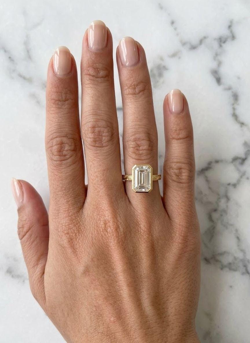 4 Carat Emerald Cut Moissanite Diamond Engagement Ring | 14K Gold Bezel | Bridal Ring | Vintage Ring