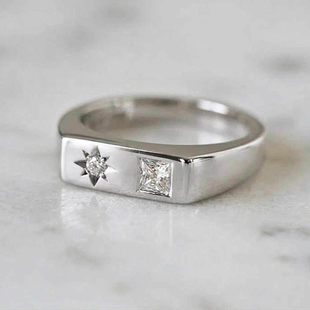 Men’s Princess Cut Diamond Ring | 14K Gold Lab-Grown Diamond Band | Wide Gold Ring for Him | Modern Engagement Ring | Ethical Jewelry