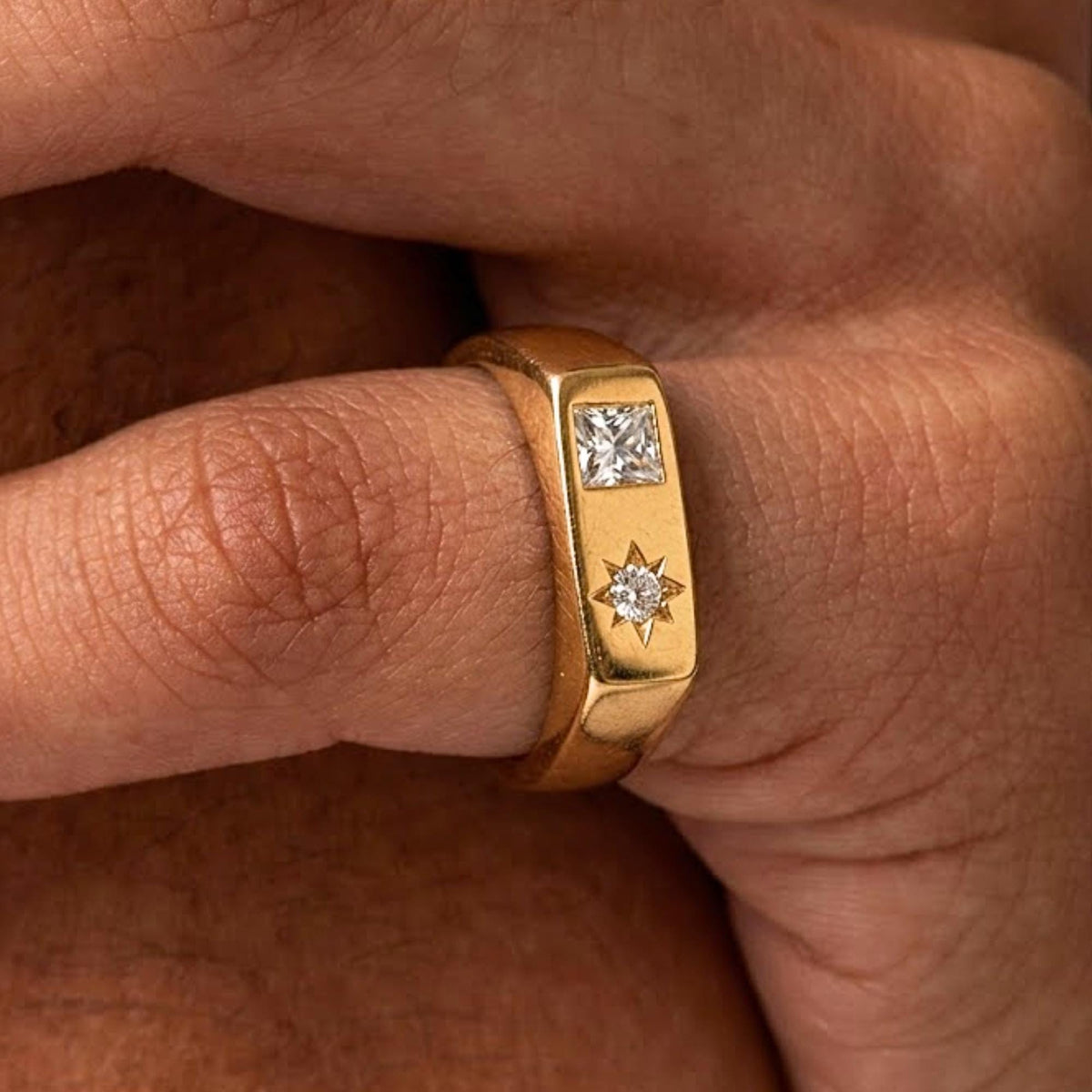 Men’s Princess Cut Diamond Ring | 14K Gold Lab-Grown Diamond Band | Wide Gold Ring for Him | Modern Engagement Ring | Ethical Jewelry