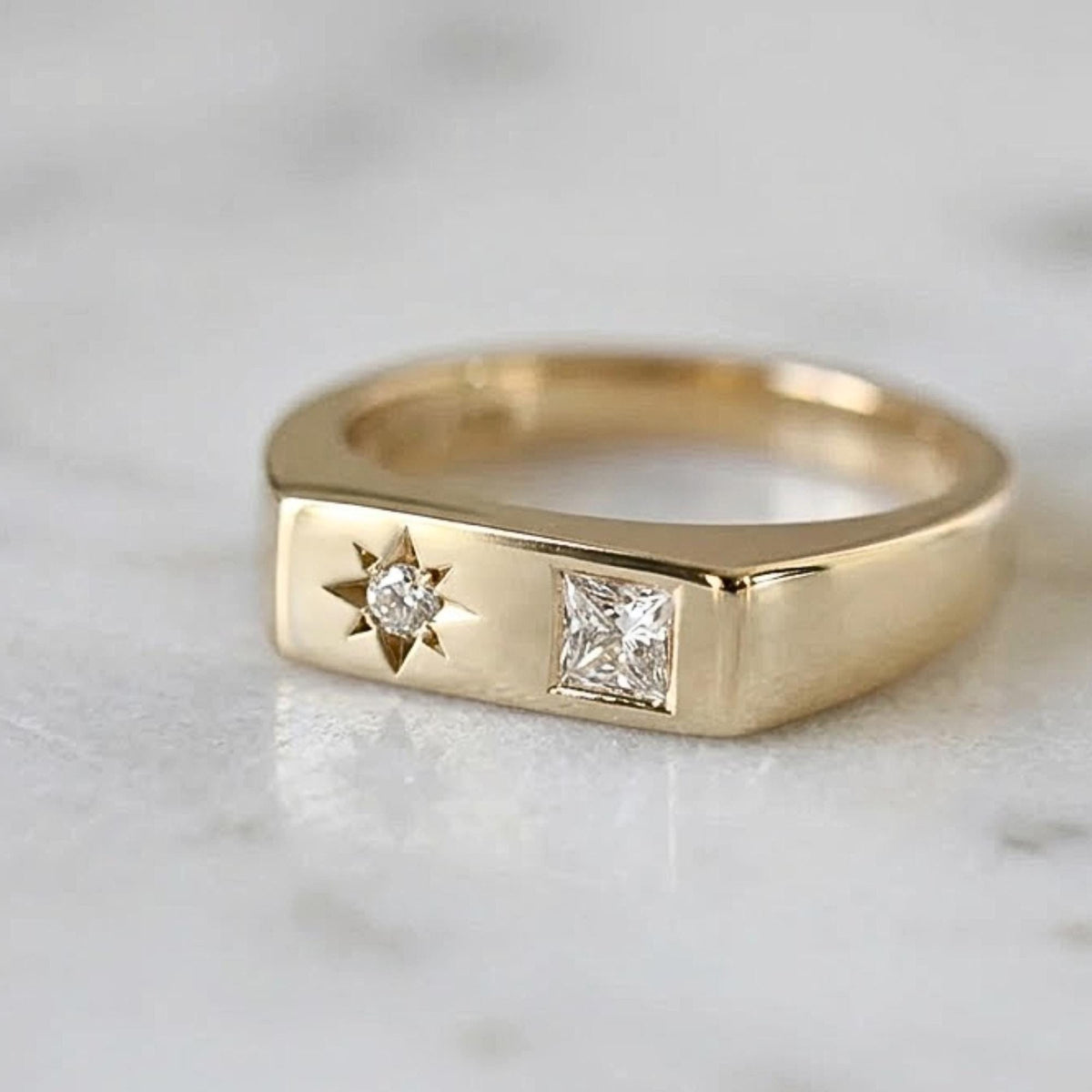Men’s Princess Cut Diamond Ring | 14K Gold Lab-Grown Diamond Band | Wide Gold Ring for Him | Modern Engagement Ring | Ethical Jewelry