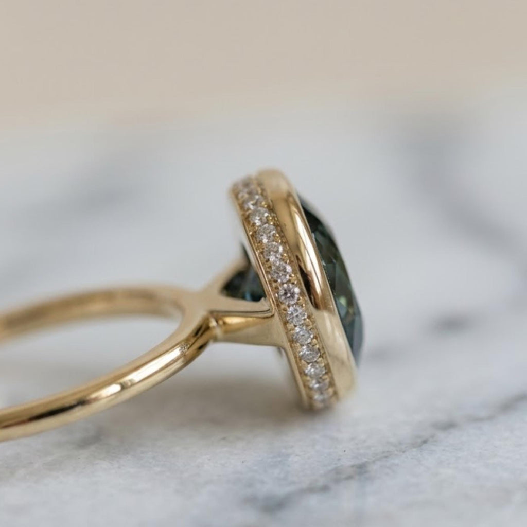 Solid Gold Round Cut Moissanite Engagement Ring, Hidden Halo, Art Deco Ring