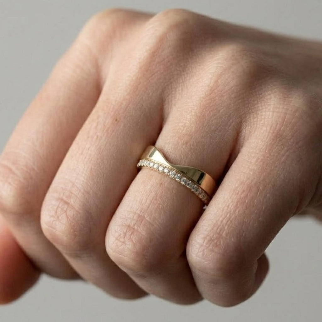 Moissanite Pave Wedding Band: 14k Gold Half Eternity Ring