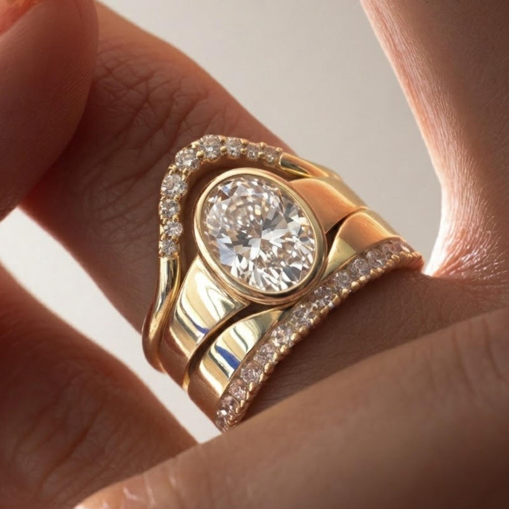 Moissanite Pave Wedding Band: 14k Gold Half Eternity Ring