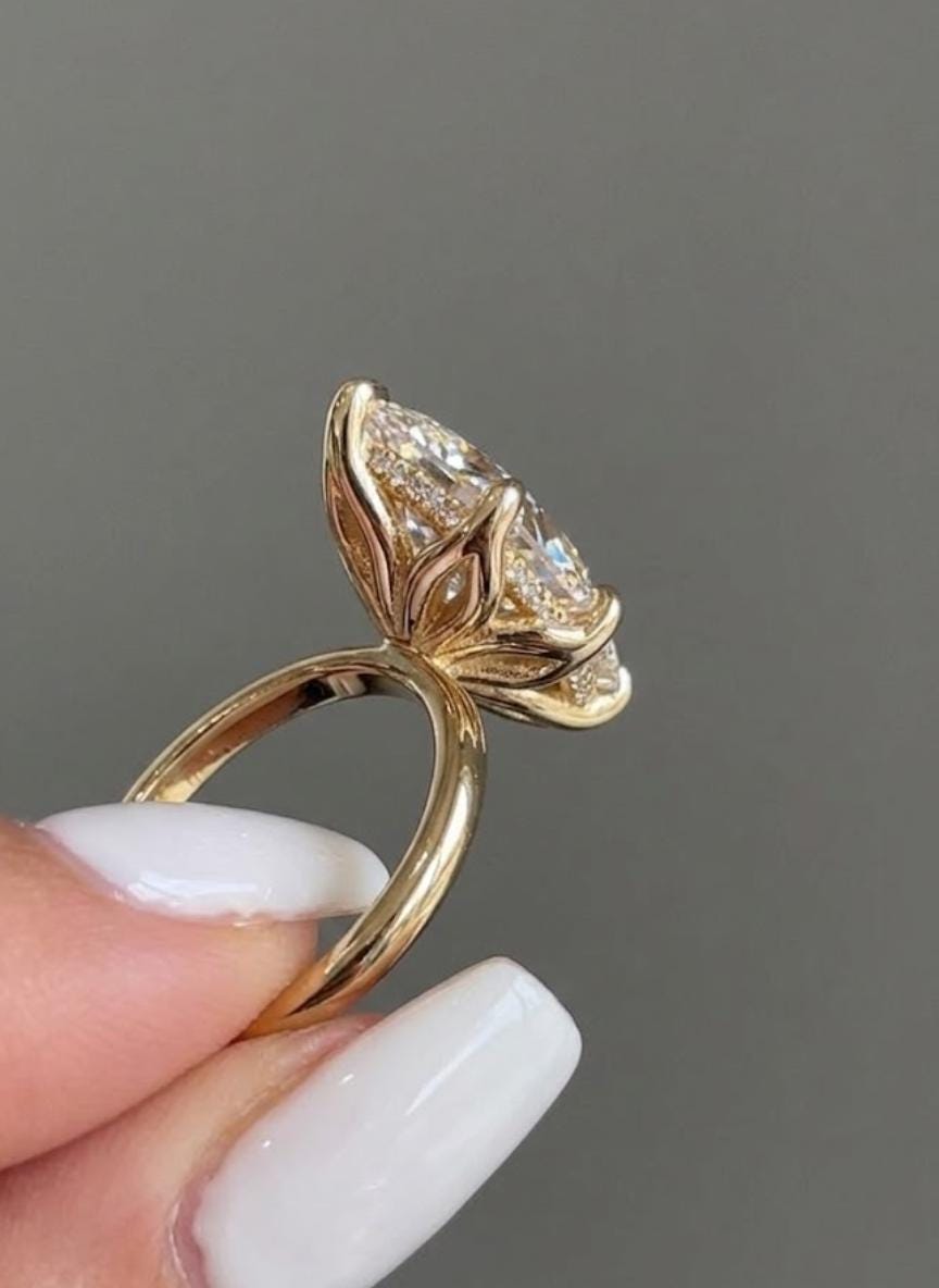 3 CT Marquise Moissanite Engagement Ring, 14K Solid Gold Hidden Halo