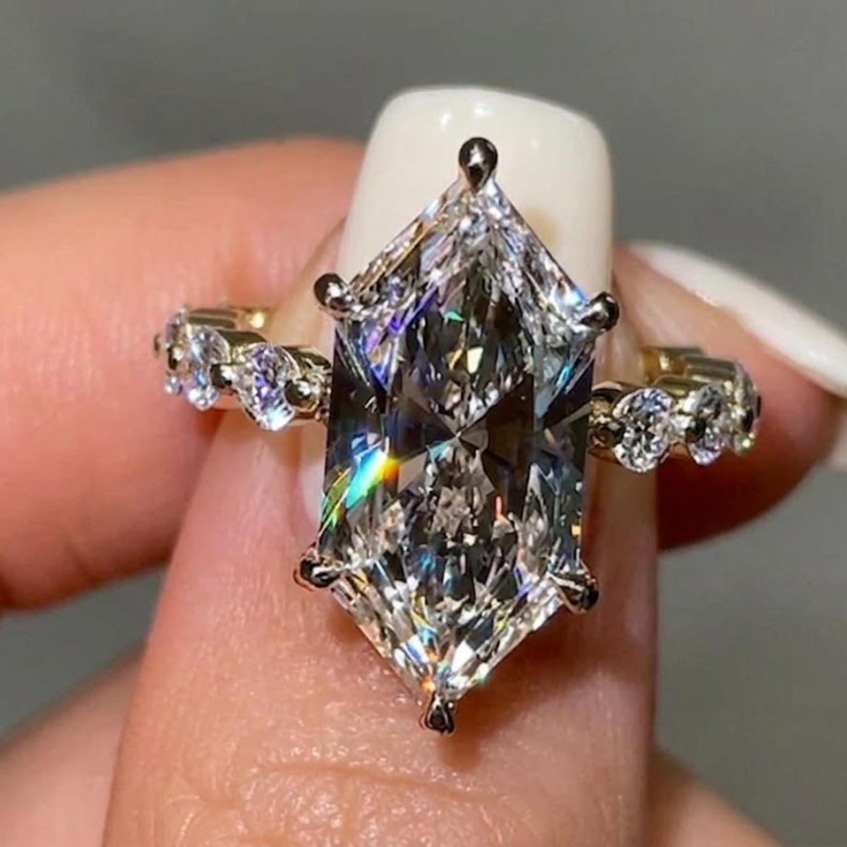 5ct Dutch Marquise Engagement Ring, Lab Grown Diamond or Moissanite, 14k Solid Gold Ring, Round Marquise Bubble Band, Hidden Halo Gold Ring