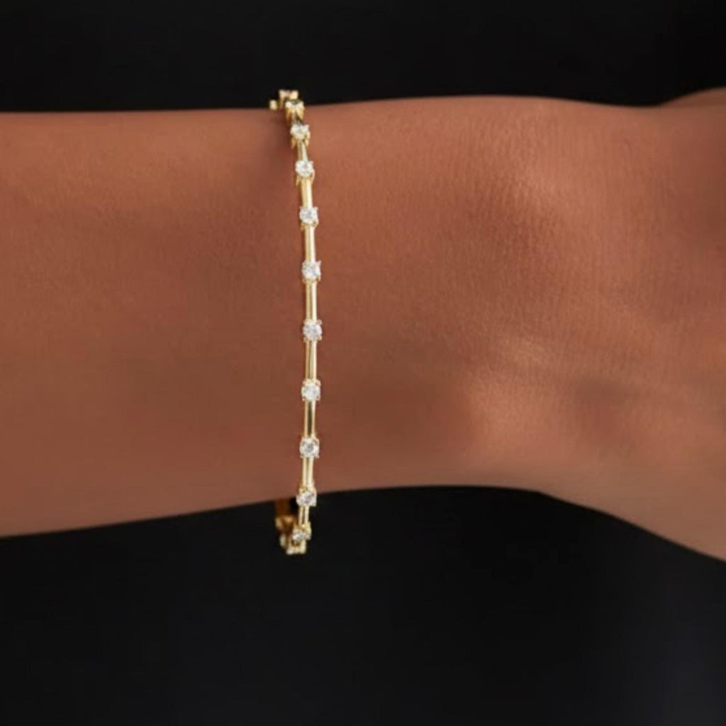 Round Diamond Station Bangle Bracelet 10k 14k Real Gold Moissanite Diamond Cuff Bracelet 925 Minimalist Everyday Stacking Bracelet