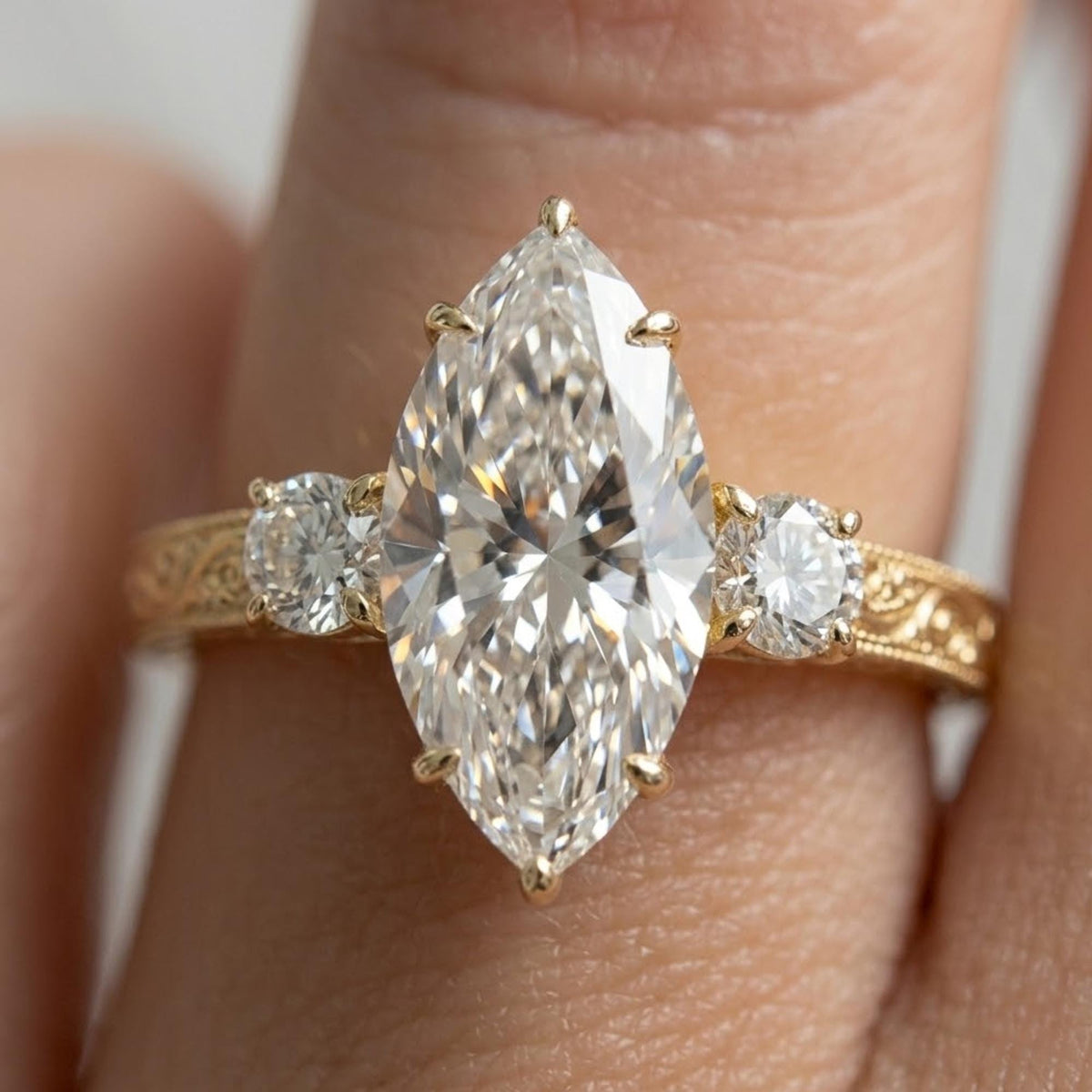 Marquise Moissanite Engagement Ring, Vintage Yellow Gold Bridal Jewelry