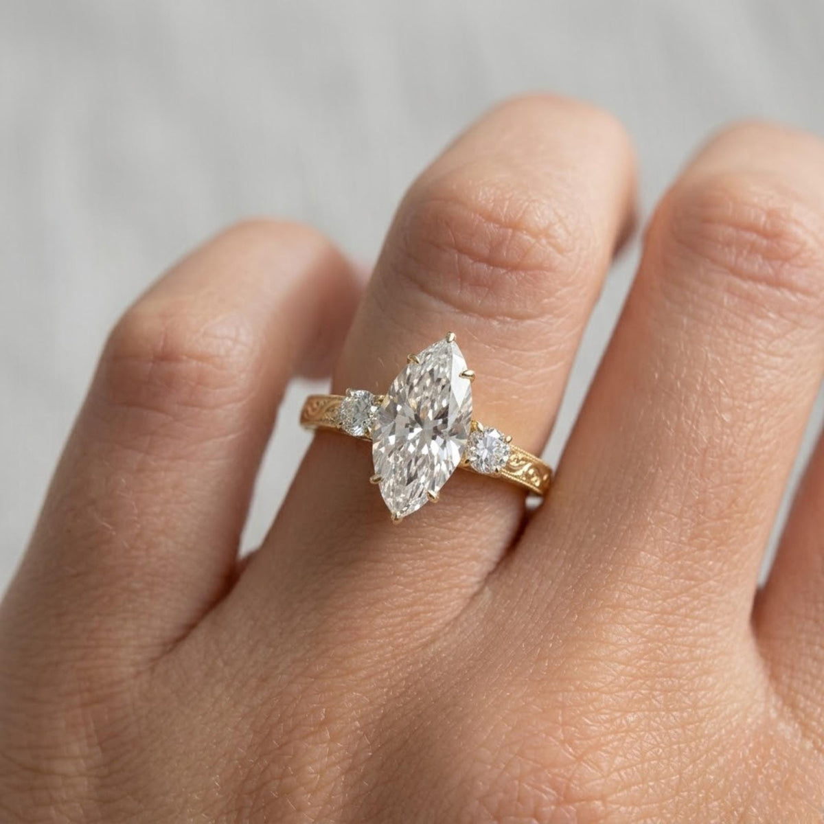 Marquise Moissanite Engagement Ring, Vintage Yellow Gold Bridal Jewelry