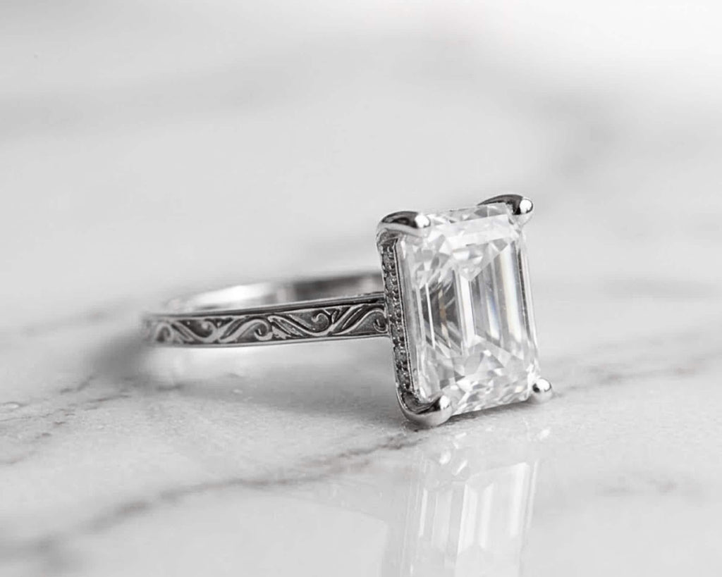 Vintage 4 CT Emerald Cut Moissanite Engagement Ring With Hidden Halo And Bridge Pave Set 925 Silver Dainty Engraving Band Wedding Ring
