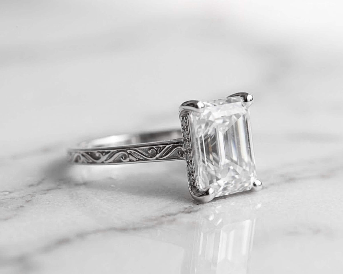 Vintage 4 CT Emerald Cut Moissanite Engagement Ring With Hidden Halo And Bridge Pave Set 14K Solid Gold Dainty Engraving Band Wedding Ring