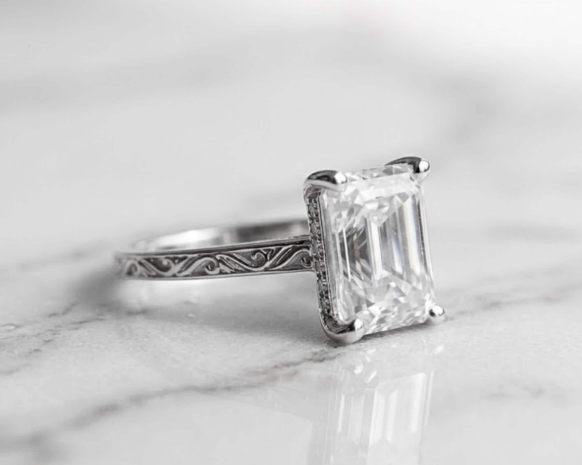 Vintage 4 CT Emerald Cut Moissanite Engagement Ring With Hidden Halo And Bridge Pave Set 925 Silver Dainty Engraving Band Wedding Ring
