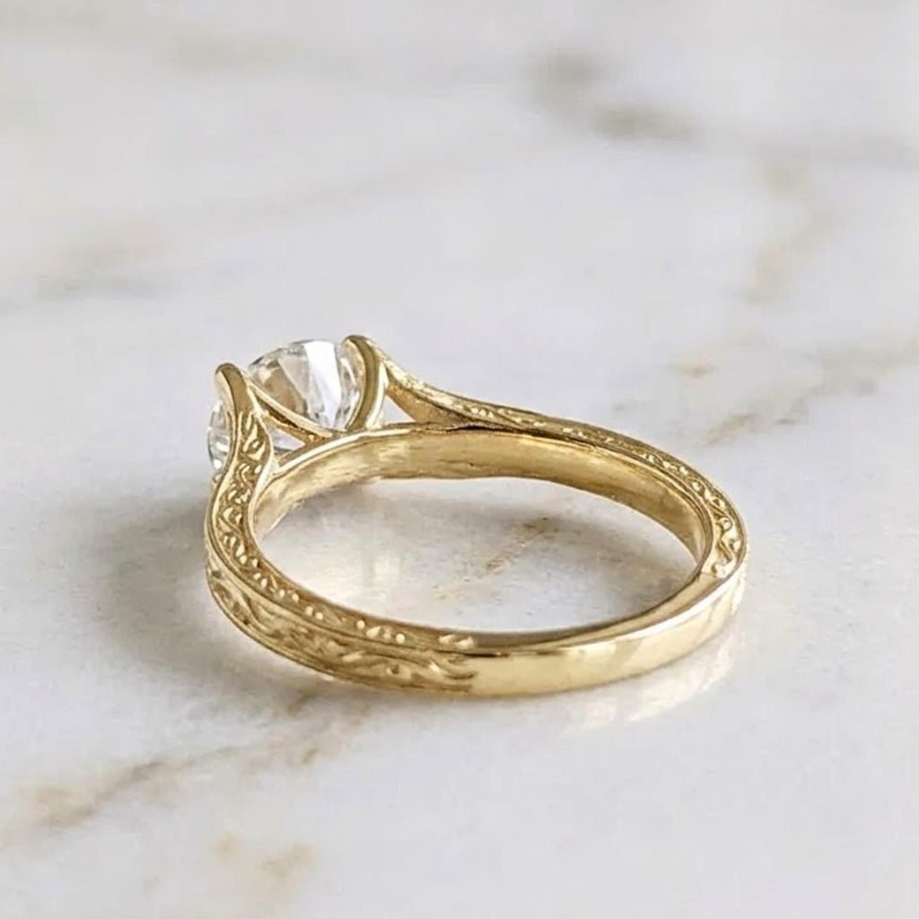 Vintage East West Oval Moissanite Engagement Ring, 14K Gold Plated Custom Filigree Engraved Band, Claw Prong Wedding Ring