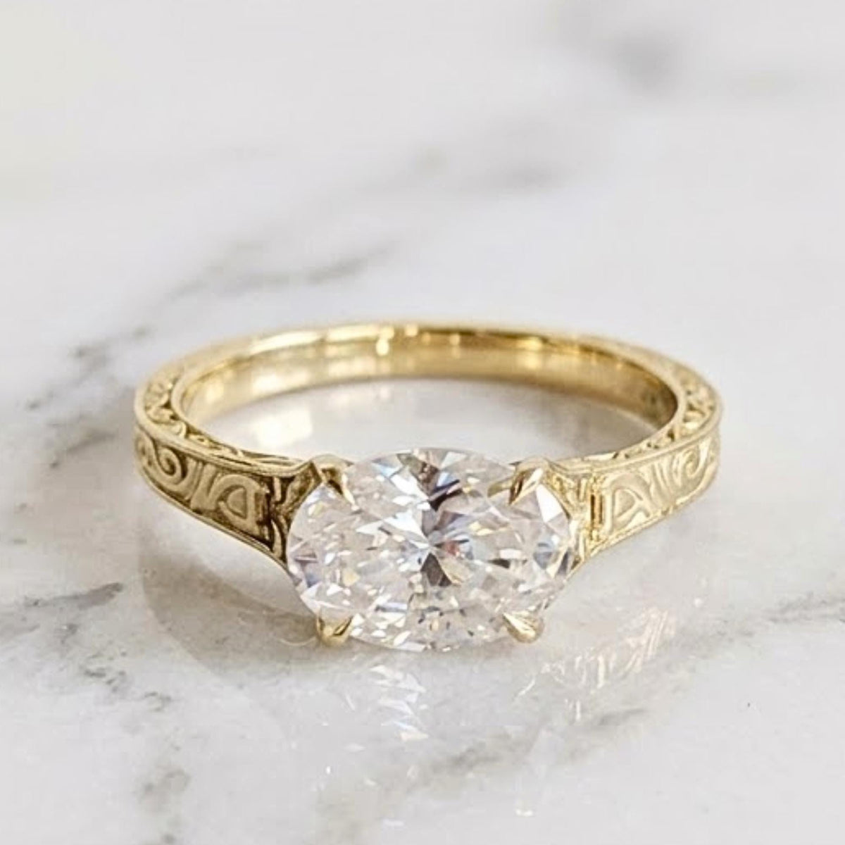 Vintage East West Oval Moissanite Engagement Ring, 14K Gold Plated Custom Filigree Engraved Band, Claw Prong Wedding Ring